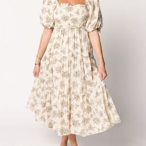 Chic Cream Floral Midi Dress with Puff Sleeves
